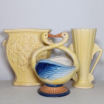 LOT 34: McCoy Pottery Yellow Floral Vase, Maruhon Ware Kissing Swan Vase & McCoy Brush Yellow Vase