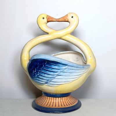 LOT 34: McCoy Pottery Yellow Floral Vase, Maruhon Ware Kissing Swan Vase & McCoy Brush Yellow Vase