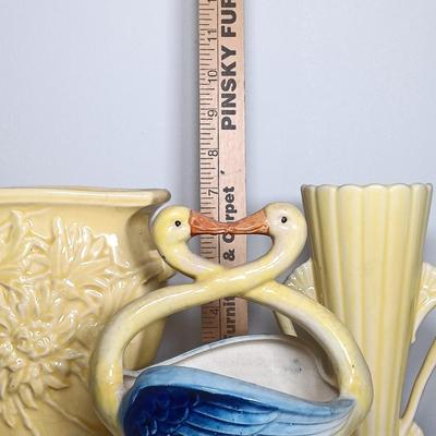 LOT 34: McCoy Pottery Yellow Floral Vase, Maruhon Ware Kissing Swan Vase & McCoy Brush Yellow Vase