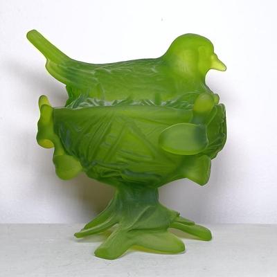 LOT 44: Westmoreland Glass Green Bird on Nest with Blue Art Glass Birds