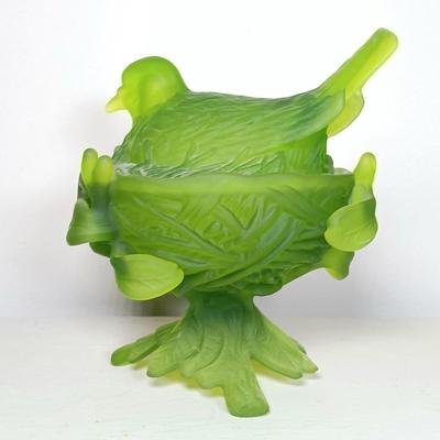 LOT 44: Westmoreland Glass Green Bird on Nest with Blue Art Glass Birds