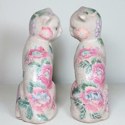 LOT 45: Pair of Vintage Pottery Macau Painted Cats with Rabbit