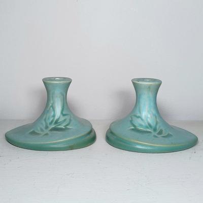LOT 47: Pair of Roseville Pottery Blue Silhouette Candleholders with Royal Doulton Biltmore Miniature Mantel Clock