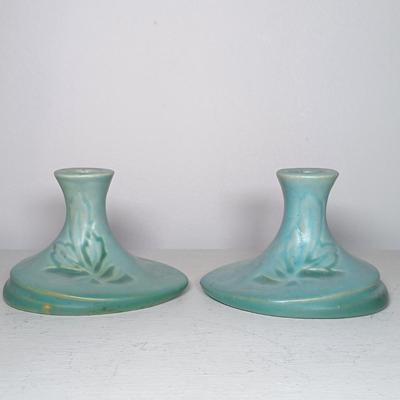 LOT 47: Pair of Roseville Pottery Blue Silhouette Candleholders with Royal Doulton Biltmore Miniature Mantel Clock