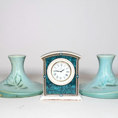LOT 47: Pair of Roseville Pottery Blue Silhouette Candleholders with Royal Doulton Biltmore Miniature Mantel Clock