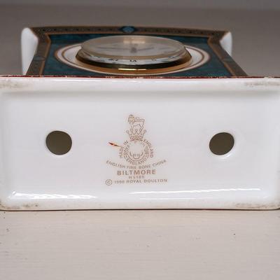 LOT 47: Pair of Roseville Pottery Blue Silhouette Candleholders with Royal Doulton Biltmore Miniature Mantel Clock