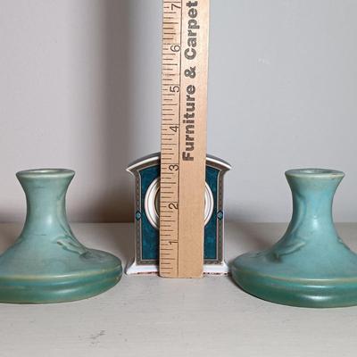 LOT 47: Pair of Roseville Pottery Blue Silhouette Candleholders with Royal Doulton Biltmore Miniature Mantel Clock