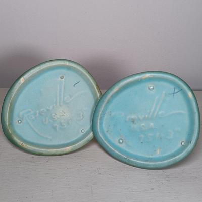 LOT 47: Pair of Roseville Pottery Blue Silhouette Candleholders with Royal Doulton Biltmore Miniature Mantel Clock