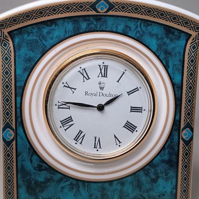 LOT 47: Pair of Roseville Pottery Blue Silhouette Candleholders with Royal Doulton Biltmore Miniature Mantel Clock