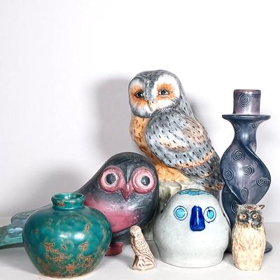 LOT 48: Ceramic and Wood Owls, Lotus Heart Vase & Soapstone Candle Holder