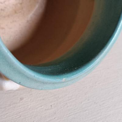 LOT 51: Roseville Pottery Iris Blue Two-Handled Vase and Rozane Pattern Cornucopia Vase