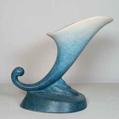 LOT 51: Roseville Pottery Iris Blue Two-Handled Vase and Rozane Pattern Cornucopia Vase