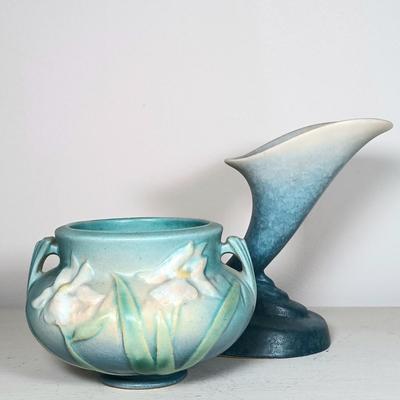 LOT 51: Roseville Pottery Iris Blue Two-Handled Vase and Rozane Pattern Cornucopia Vase