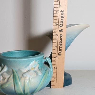 LOT 51: Roseville Pottery Iris Blue Two-Handled Vase and Rozane Pattern Cornucopia Vase