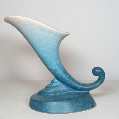 LOT 51: Roseville Pottery Iris Blue Two-Handled Vase and Rozane Pattern Cornucopia Vase