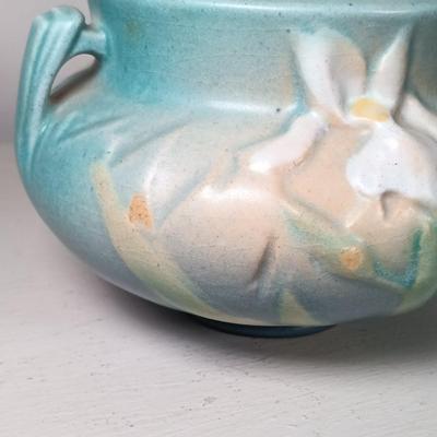 LOT 51: Roseville Pottery Iris Blue Two-Handled Vase and Rozane Pattern Cornucopia Vase