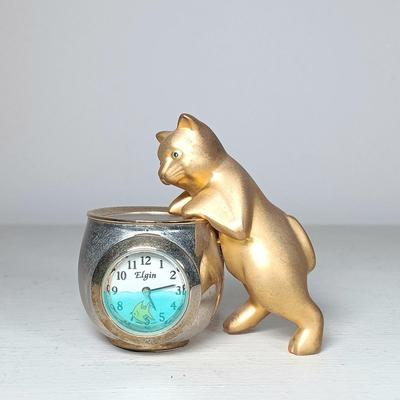 LOT 52: Vintage Elgin Miniature Clock Cat, Quail Pottery Gus the Cat & More