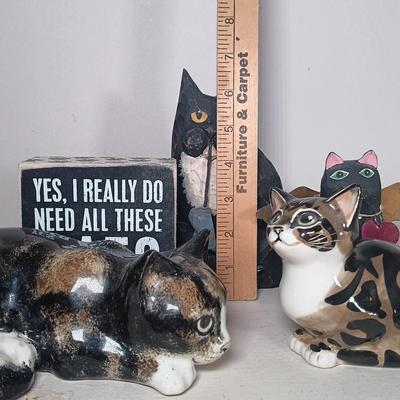 LOT 54: Signed Kensington Pottery Lying Cat, Woodcraft Cats, Signed Cat Art & More