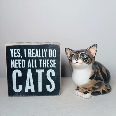 LOT 54: Signed Kensington Pottery Lying Cat, Woodcraft Cats, Signed Cat Art & More