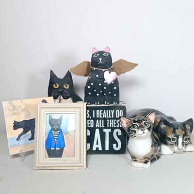 LOT 54: Signed Kensington Pottery Lying Cat, Woodcraft Cats, Signed Cat Art & More