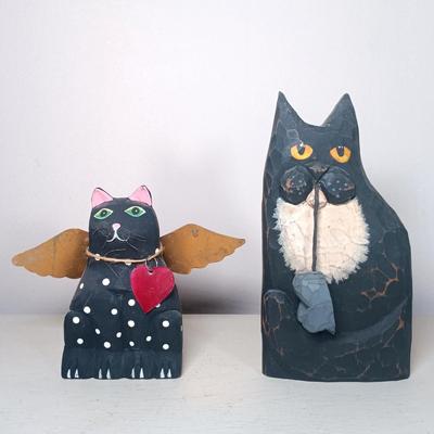 LOT 54: Signed Kensington Pottery Lying Cat, Woodcraft Cats, Signed Cat Art & More