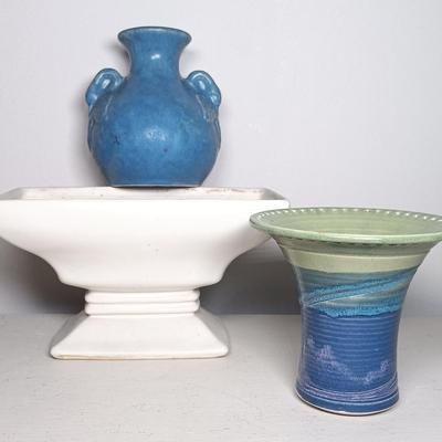 LOT 140: McCoy Pedestal Planter, Signed Earring Holder Vase & McCoy-Style Brush Pottery Swan Vase