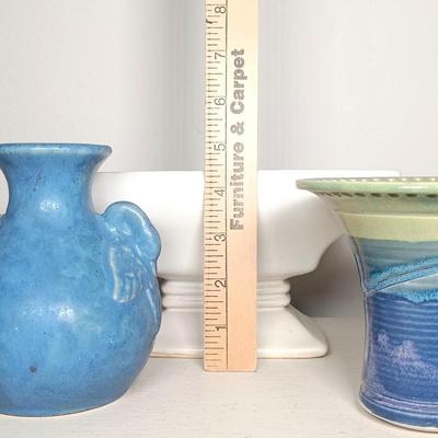 LOT 140: McCoy Pedestal Planter, Signed Earring Holder Vase & McCoy-Style Brush Pottery Swan Vase