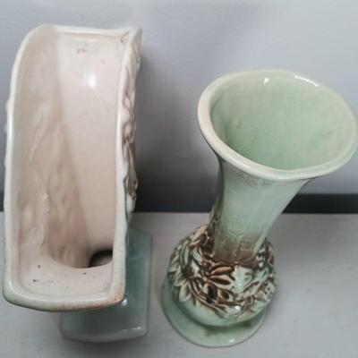 LOT 143: Vintage McCoy Green Bird Vase with Grape Leaf Pottery Planter
