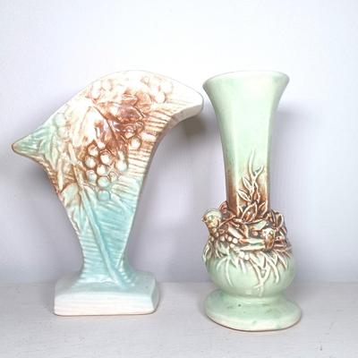 LOT 143: Vintage McCoy Green Bird Vase with Grape Leaf Pottery Planter