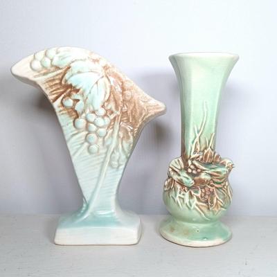 LOT 143: Vintage McCoy Green Bird Vase with Grape Leaf Pottery Planter
