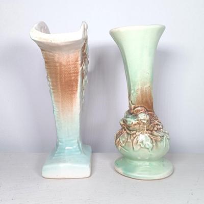 LOT 143: Vintage McCoy Green Bird Vase with Grape Leaf Pottery Planter