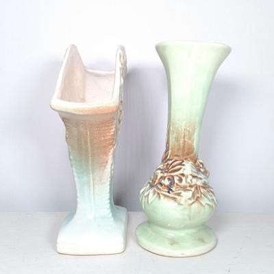LOT 143: Vintage McCoy Green Bird Vase with Grape Leaf Pottery Planter