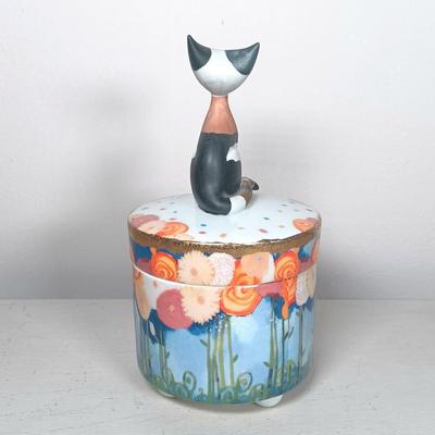 LOT 145: Signed Goebel Ceramic Cat Musical Trinket Box with Signed Cat Art