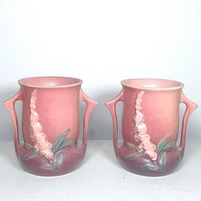 LOT 146: Pair of Roseville Pottery Foxglove Two-Handled Vases