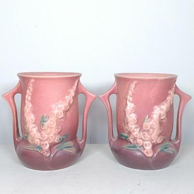LOT 146: Pair of Roseville Pottery Foxglove Two-Handled Vases