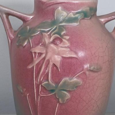 LOT 147: Roseville Pottery Snowberry Basket Vase & Columbine Vase