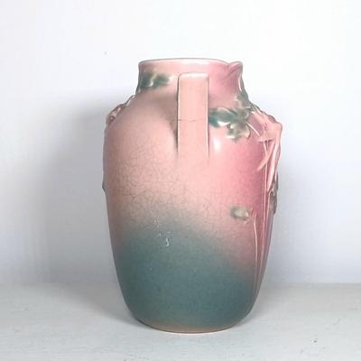 LOT 147: Roseville Pottery Snowberry Basket Vase & Columbine Vase