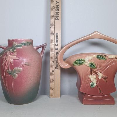 LOT 147: Roseville Pottery Snowberry Basket Vase & Columbine Vase