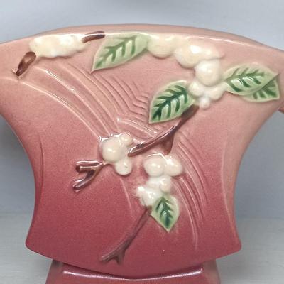 LOT 147: Roseville Pottery Snowberry Basket Vase & Columbine Vase
