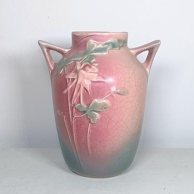 LOT 147: Roseville Pottery Snowberry Basket Vase & Columbine Vase