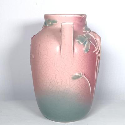 LOT 147: Roseville Pottery Snowberry Basket Vase & Columbine Vase