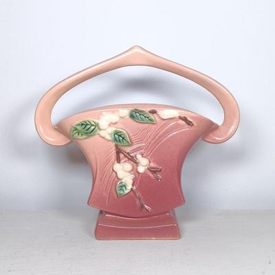 LOT 147: Roseville Pottery Snowberry Basket Vase & Columbine Vase