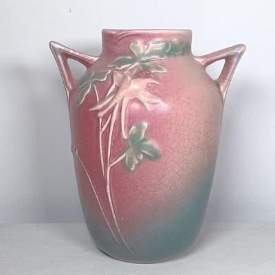 LOT 147: Roseville Pottery Snowberry Basket Vase & Columbine Vase