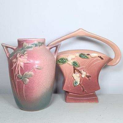 LOT 147: Roseville Pottery Snowberry Basket Vase & Columbine Vase