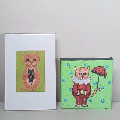 LOT 148: Signed Claude C. Breton Cat Painting, Wood Fishing Cat, PartyLite Kitten Candleholder & More