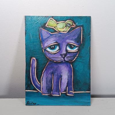 LOT 148: Signed Claude C. Breton Cat Painting, Wood Fishing Cat, PartyLite Kitten Candleholder & More