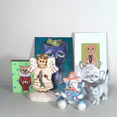 LOT 148: Signed Claude C. Breton Cat Painting, Wood Fishing Cat, PartyLite Kitten Candleholder & More