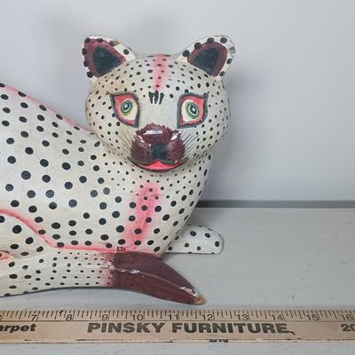 LOT 150: Italian Long Neck Ceramic Cat, Wood Handmade Cat & Sleeping Ceramic Cat Painted in Macau