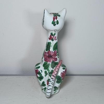 LOT 150: Italian Long Neck Ceramic Cat, Wood Handmade Cat & Sleeping Ceramic Cat Painted in Macau