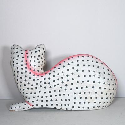 LOT 150: Italian Long Neck Ceramic Cat, Wood Handmade Cat & Sleeping Ceramic Cat Painted in Macau